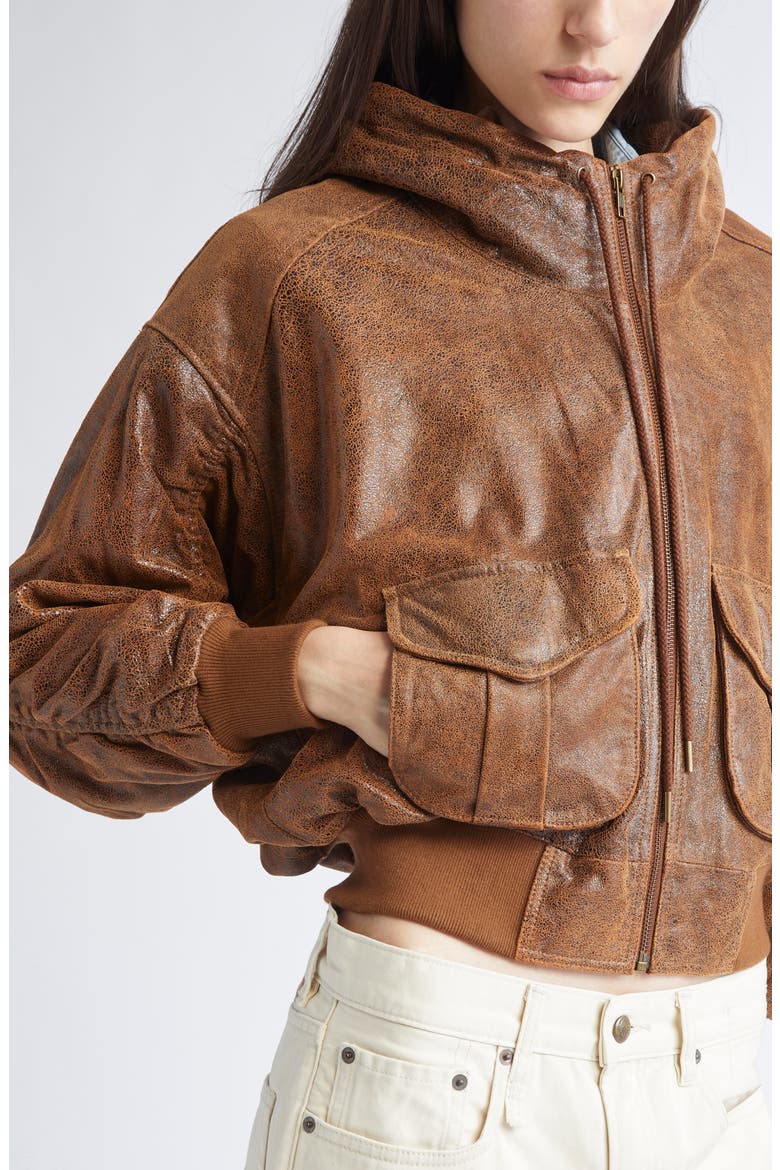 Oversize Leather Bomber Jacket, Alternate, color, BROWN