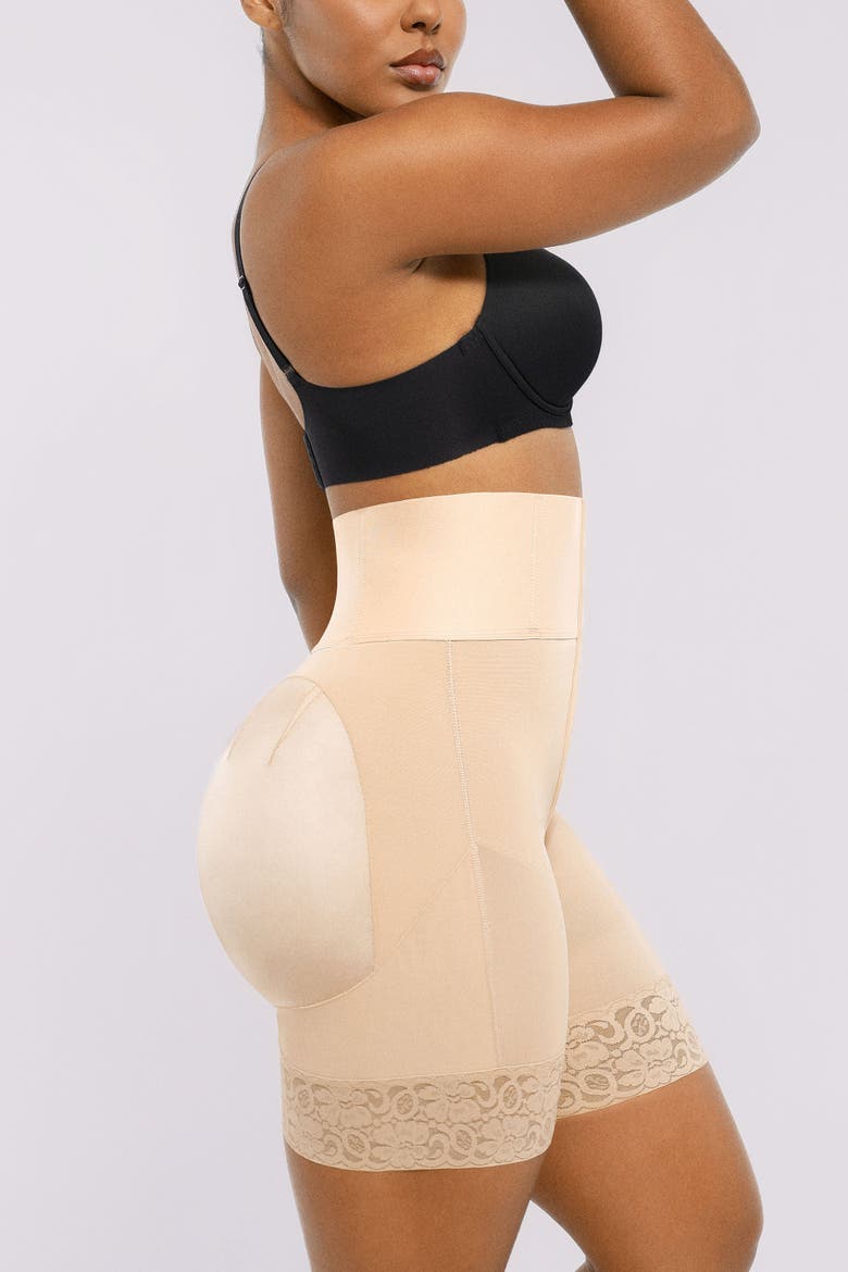 Tummy Control Boned Sculpt High Waist Shorts, Alternate, color, Beige