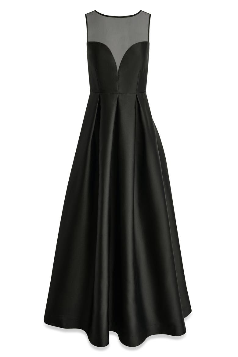 Mesh Yoke Fit & Flare Mikado Gown, Alternate, color, BLACK