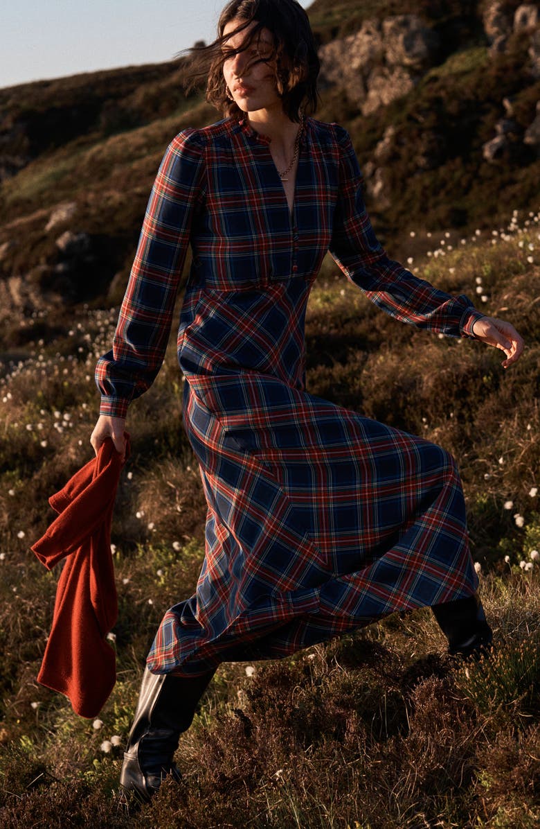 Boden Check Long Sleeve Maxi Dress, Alternate, color, Navy Green And Red Check