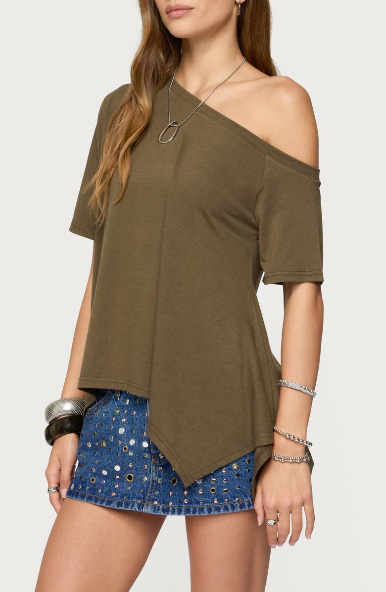 EDIKTED Josy Oversize Off the Shoulder Handkerchief Hem Top, Alternate, color, Olive