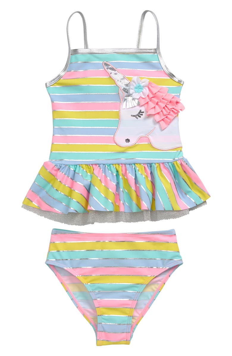 Flapdoodles Unicorn Stripe Two-Piece Swimsuit, Main, color, 