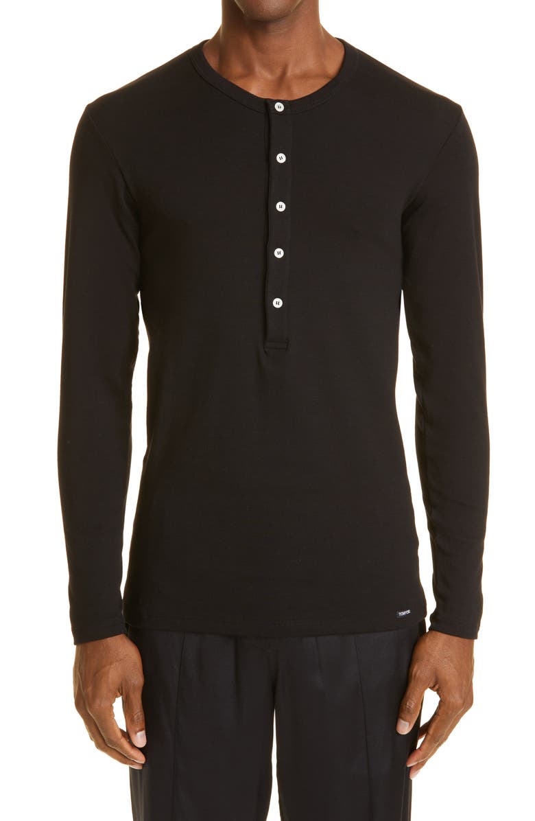 TOM FORD Cotton Knit Henley, Main, color, Black