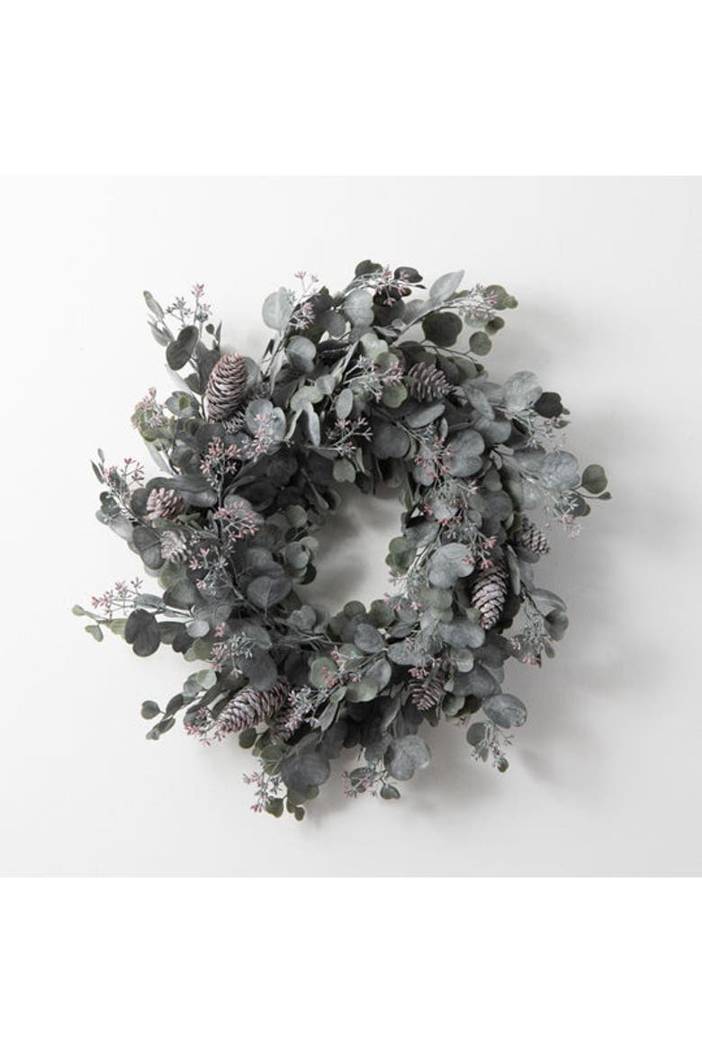 Candlelit Evenings - Faux Dusty Green Silver Dollar Eucalyptus & Pinecone Christmas Front Door Winter Wreath, Main, color, Green