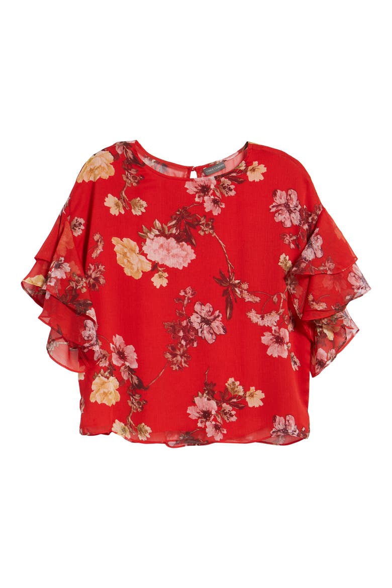 Tiered Ruffle Sleeve Garden Floral Top, Alternate, color, RADIANT RED
