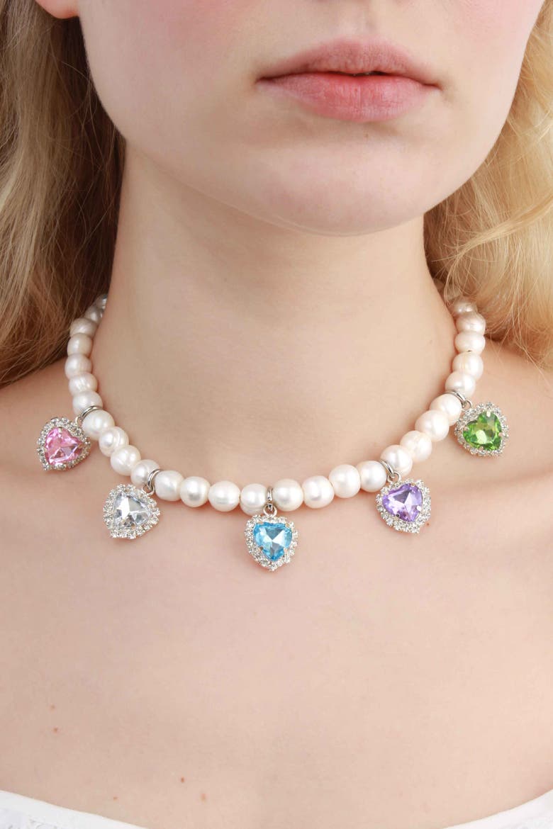 Freshwater Pearl Necklace With Multicolor Heart Charms, Alternate, color, Multi Colored