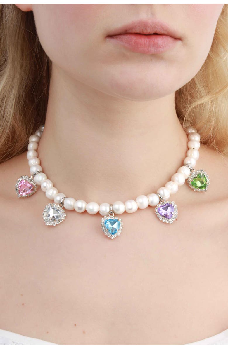 Velvet Luna Freshwater Pearl Necklace With Multicolor Heart Charms, Alternate, color, Multi Colored