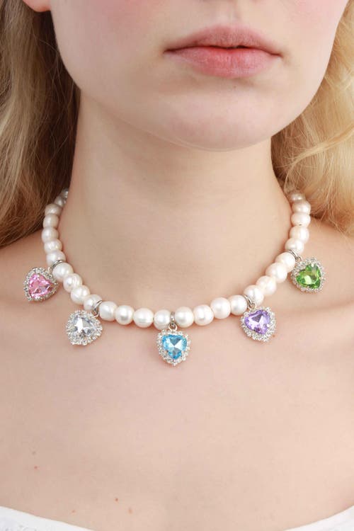 Velvet Luna Freshwater Pearl Necklace With Multicolor Heart Charms In White