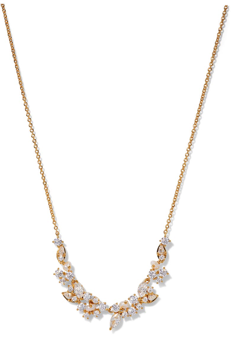 Nadri Ravish Laurel Cubic Zirconia & Cultured Pearl Frontal Necklace, Main, color, Gold