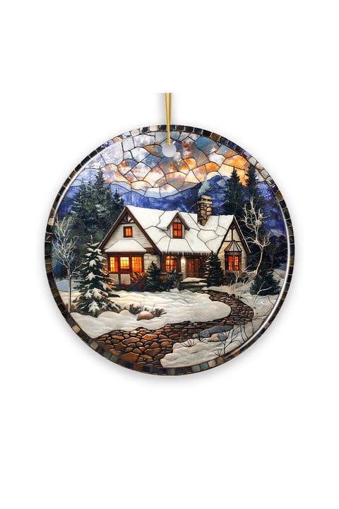 Snowy Cabin Stained Glass Themed Ornament - Version 1