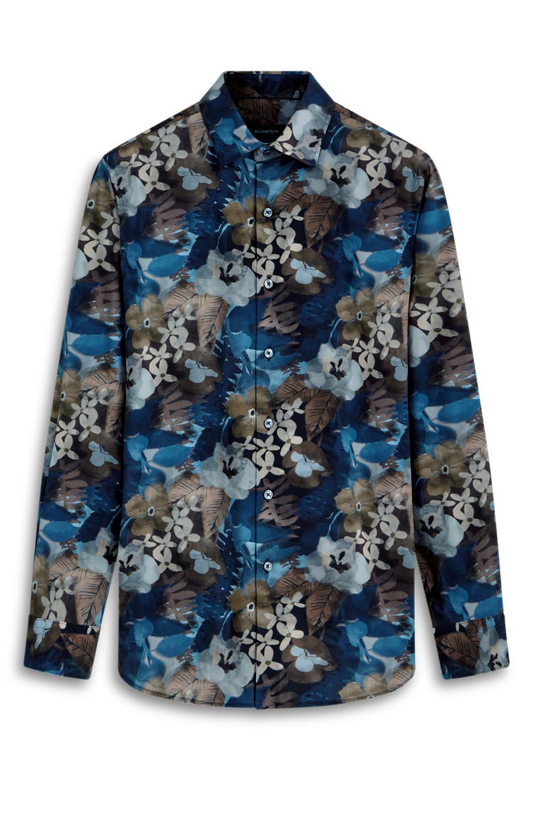 Bugatchi Julian Shaped Fit Watercolor Floral Print Stretch Cotton Button-Up Shirt, Alternate, color, 