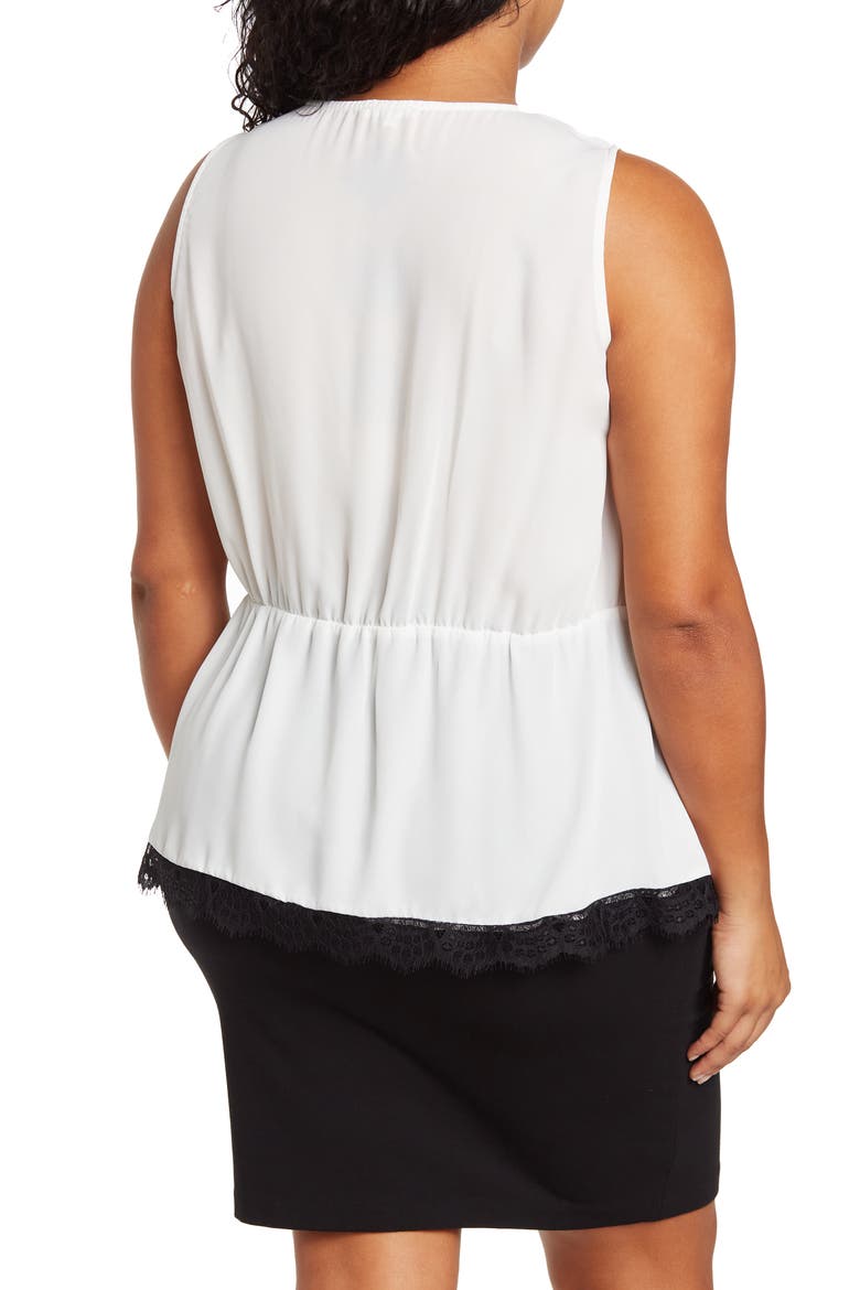 Lace-Trimmed Deep-V Peplum Blouse, Alternate, color, IVORY W/ BLACK LACE