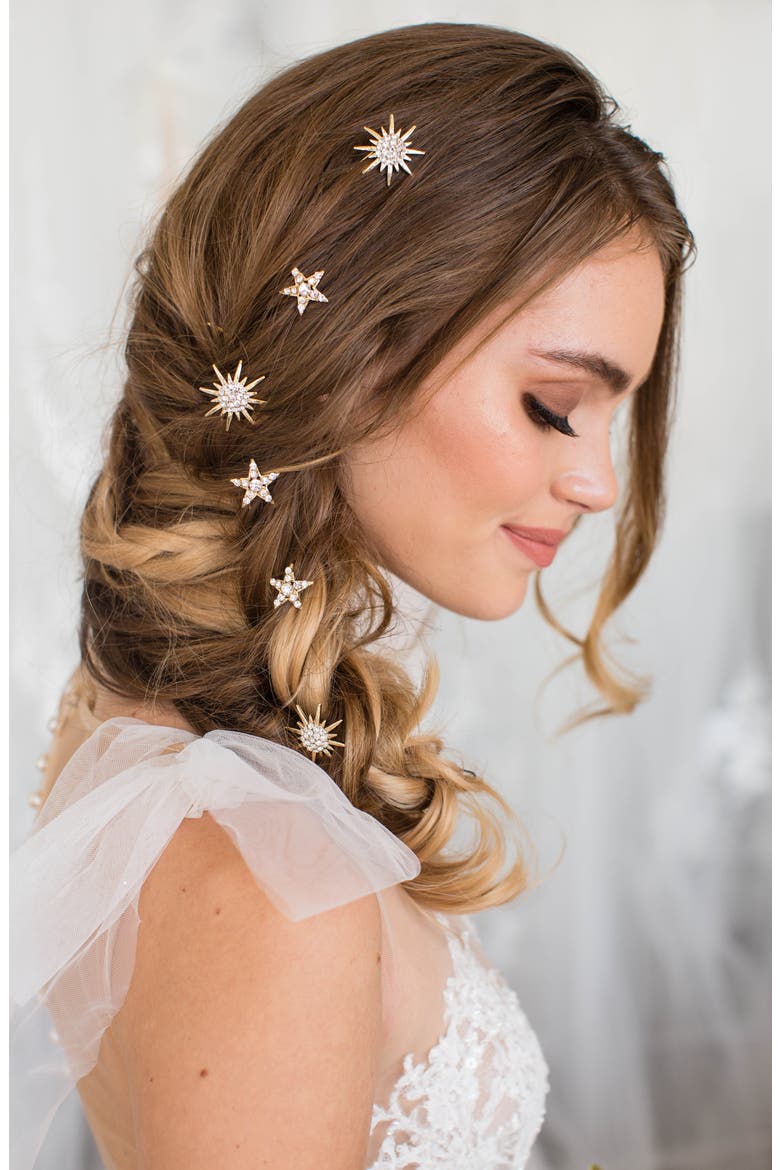 Nexus Set of 6 Crystal Hair Pins, Main, color, GOLD