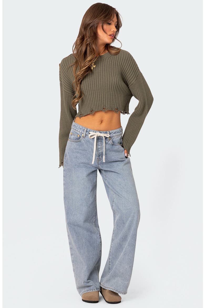 Oversize Distressed Rib Crop Sweater, Alternate, color, OLIVE