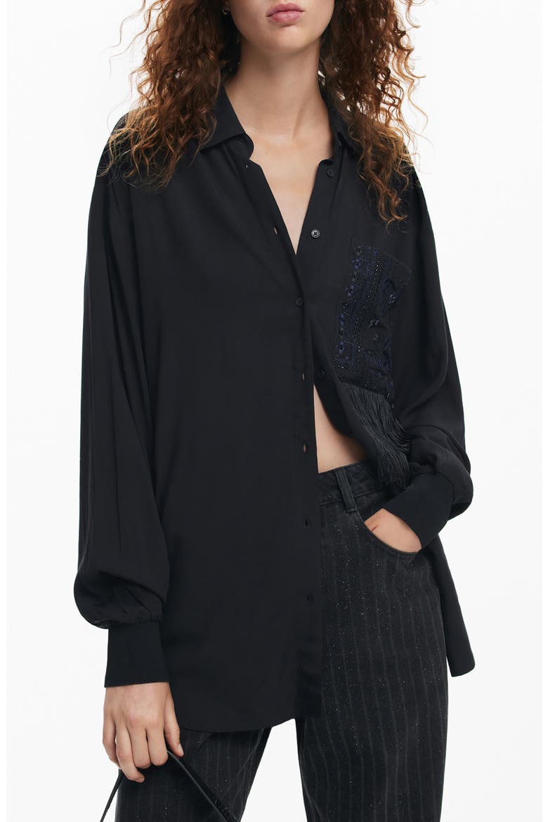 Cam Sapporo Sequin Fringe Pocket Shirt, Main, color, BLACK