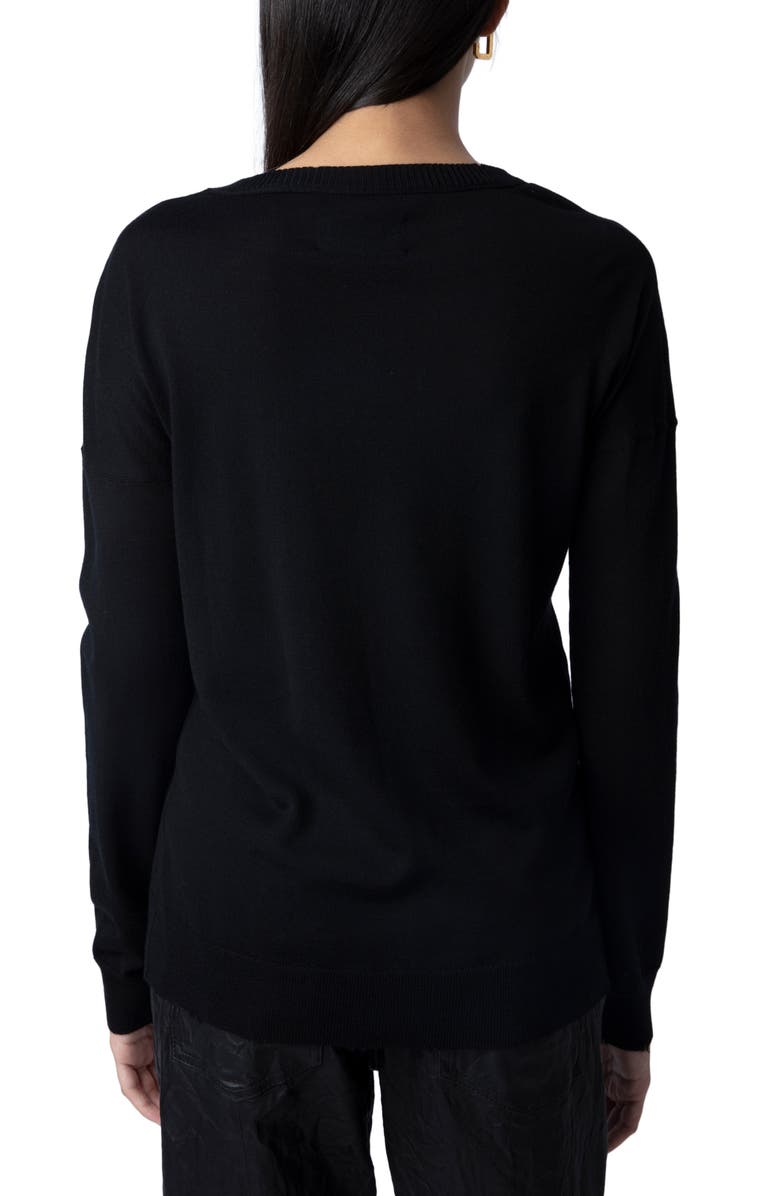 Zadig & Voltaire Gaby Intarsia Heart Wool Crewneck Sweater, Alternate, color, Noir