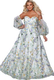Sydney's Closet Floral Sweetheart Neckline Plus Size A-Line Gown