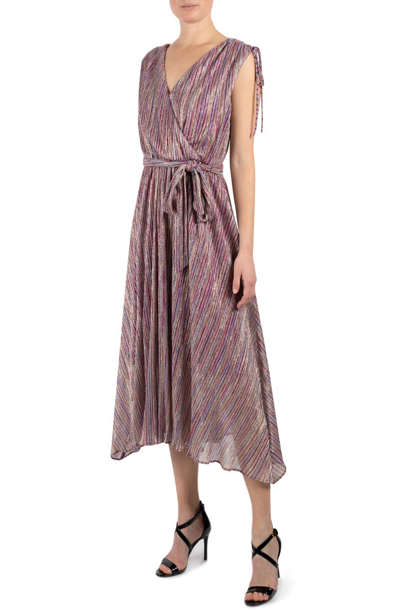 Julia Jordan Metallic Stripe Faux Wrap Midi Dress, Alternate, color, Pink Multi