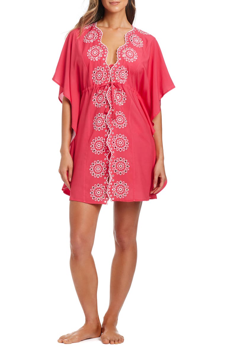 Eyelet Open Front Cover-Up Caftan, Main, color, FIESTA PINK/ WHITE