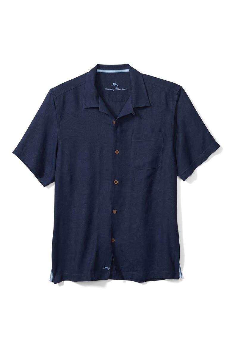 Tropic Isle Short Sleeve Button-Up Silk Camp Shirt, Main, color, NAVY
