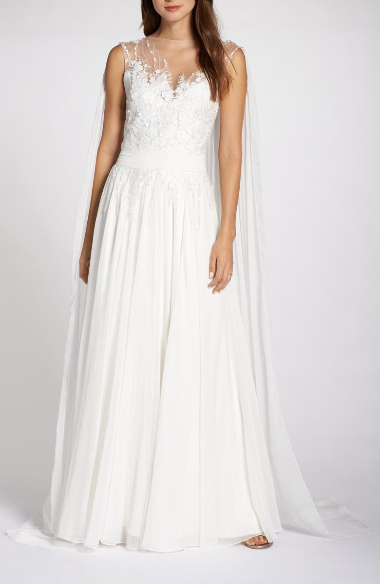 Tadashi Shoji Embellished Chiffon Cape Back Wedding Dress, Main, color, 