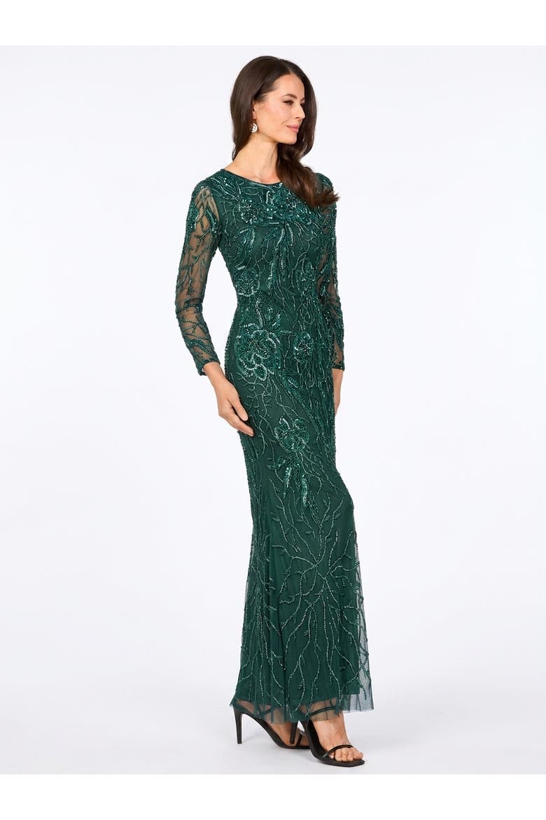 High Neck, Long Sleeve Beaded Gown, Alternate, color, Teal