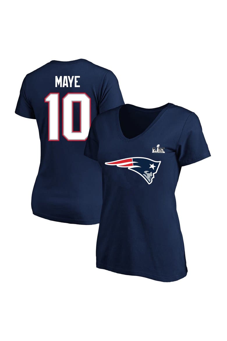 Women's Fanatics Drake Maye Navy New England Patriots Super Bowl LX Patch Plus Size Name & Number V-Neck T-Shirt, Main, color, Navy