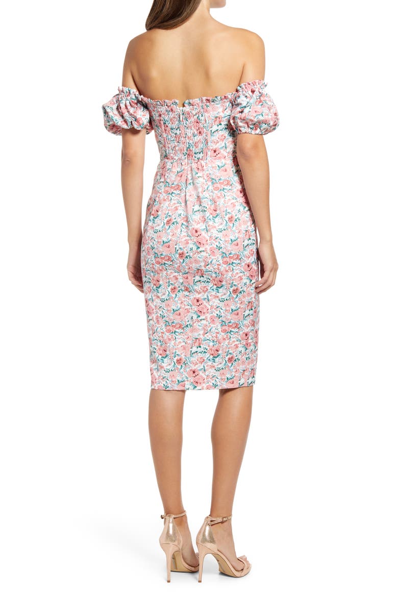 Bonded Floral Off the Shoulder Puff Sleeve Satin Dress, Alternate, color, CORAL FLORAL