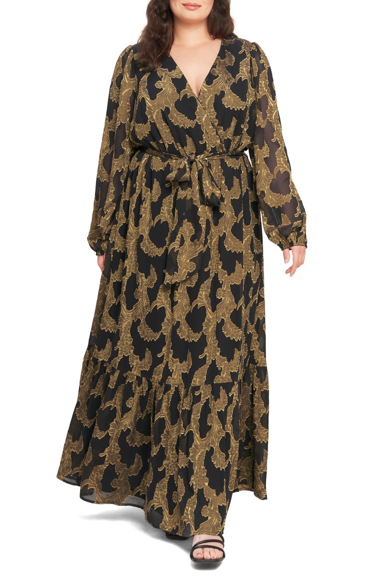 Long Sleeve Chiffon Maxi Dress, Main, color, DARK BROWN