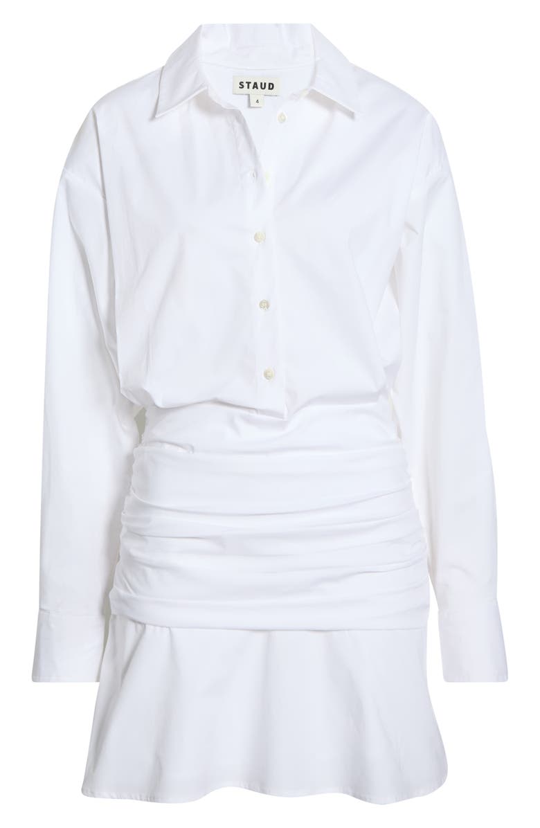 STAUD Indya Long Sleeve Stretch Cotton Mini Shirtdress, Alternate, color, White