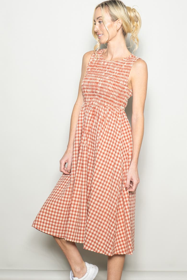 Gingham Smocked Sleeveless Midi Dress, Alternate, color, Red