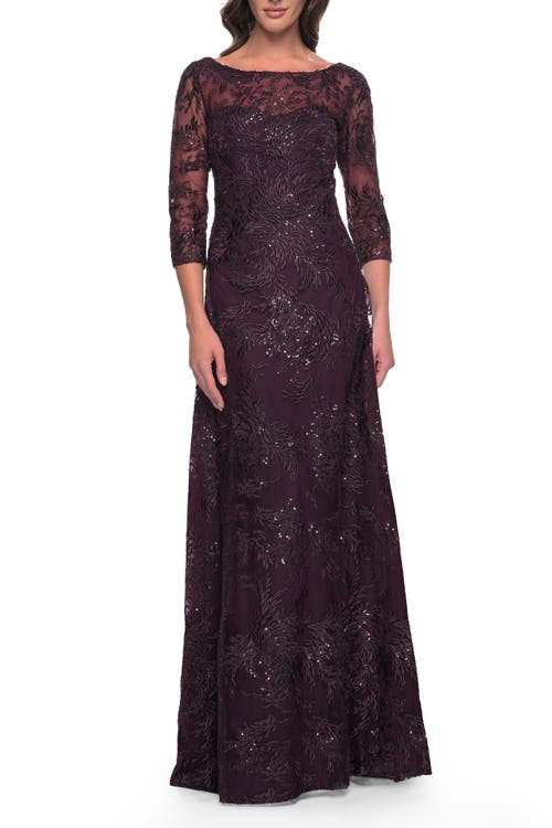 La Femme Beautiful Lace Mother of the Bride Dress with Illusion Neckline in Dark Berry 