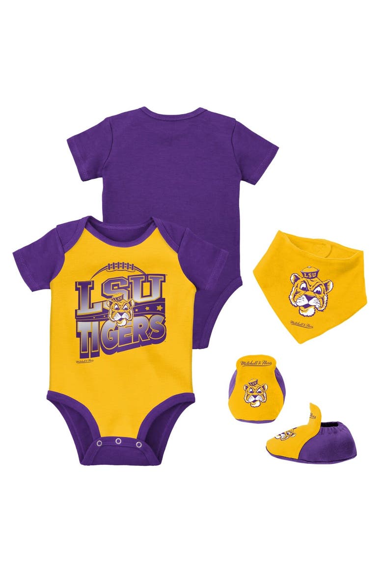 Infant Mitchell & Ness Purple/Gold LSU Tigers 3-Pack Bodysuit, Bib and Bootie Set, Main, color, Purple