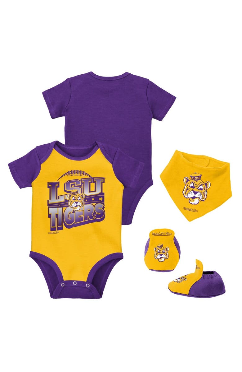Mitchell & Ness Infant Mitchell & Ness Purple/Gold LSU Tigers 3-Pack Bodysuit, Bib and Bootie Set, Main, color, Purple