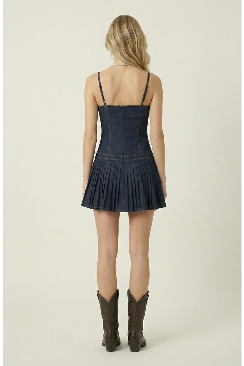 Spaghetti Strap Pleated Denim Mini Dress, Alternate, color, Dark Blue