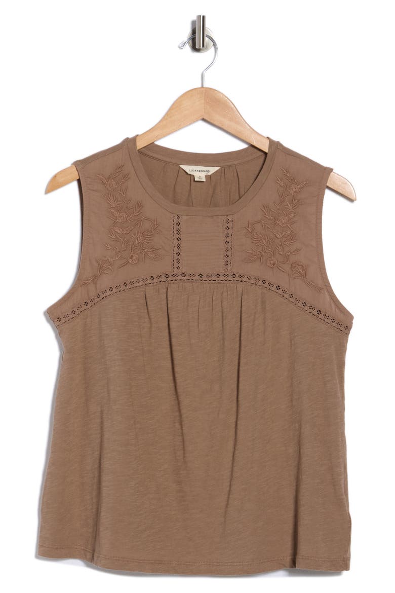 Embroidered Yoke Cotton Tank, Alternate, color, PINE BARK