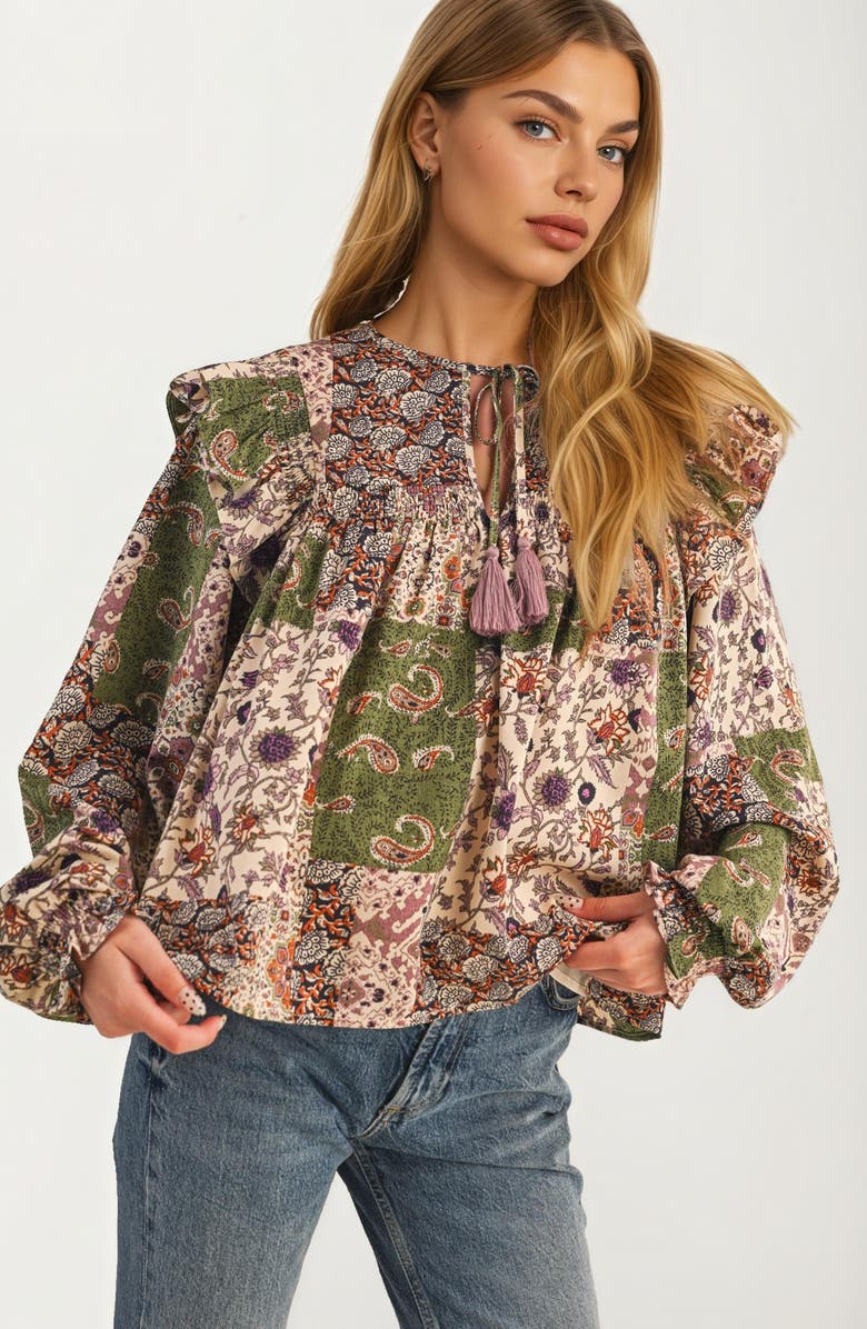 Knit and Lounge Boho Patchwork Ruffle Tassel Tie Neckline Blouse, Alternate, color,