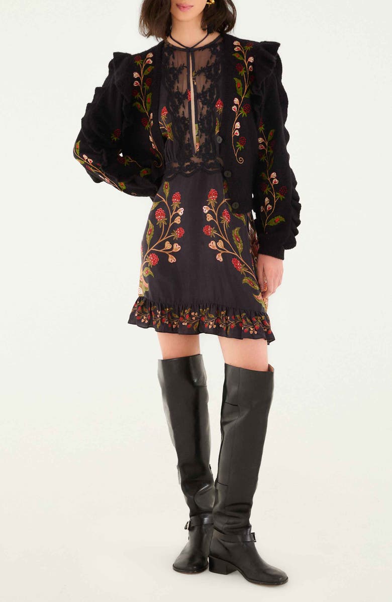 FARM Rio Berry Embroidered Ruffle Cardigan, Main, color, Black