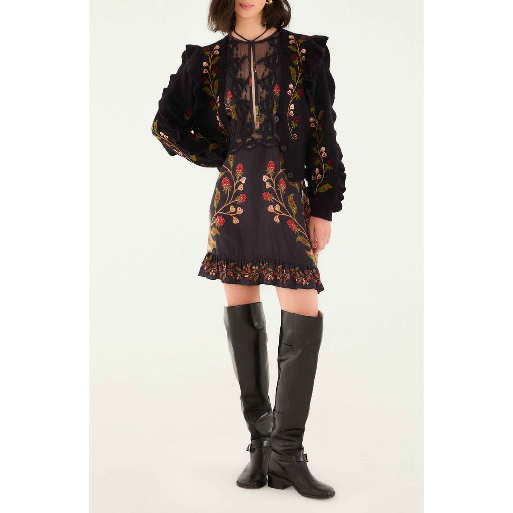 Farm Rio Berry Embroidery Knit V Neck Cardigan In Black