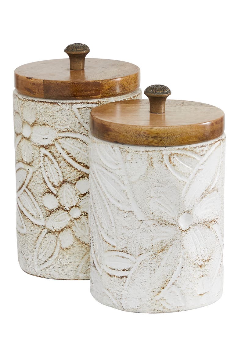 White Ceramic Handmade Intricately Carved Decorative Jar with Wood Lid - Set of 2, Alternate, color, WHITE