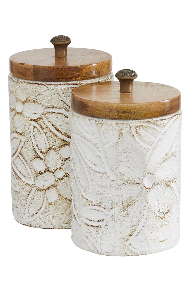 SONOMA SAGE HOME White Ceramic Handmade Intricately Carved Decorative Jar with Wood Lid - Set of 2, Alternate, color, White