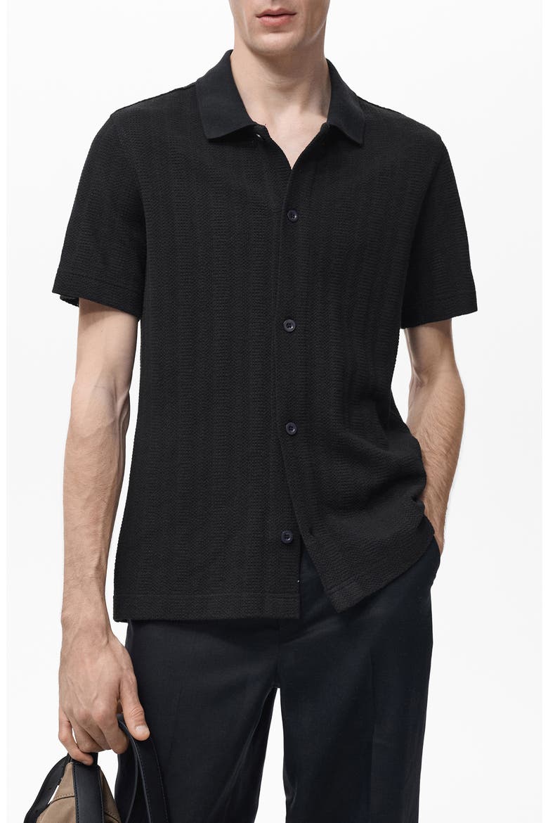 Short Sleeve Structured Knit Button-Up Shirt, Main, color, BLACK