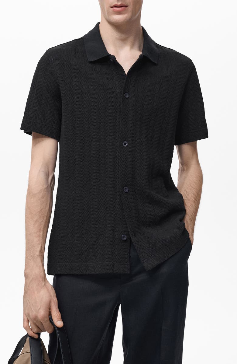 MANGO Short Sleeve Structured Knit Button-Up Shirt, Main, color, Black