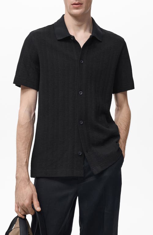 Mango Short Sleeve Structured Knit Button-up Shirt In Black
