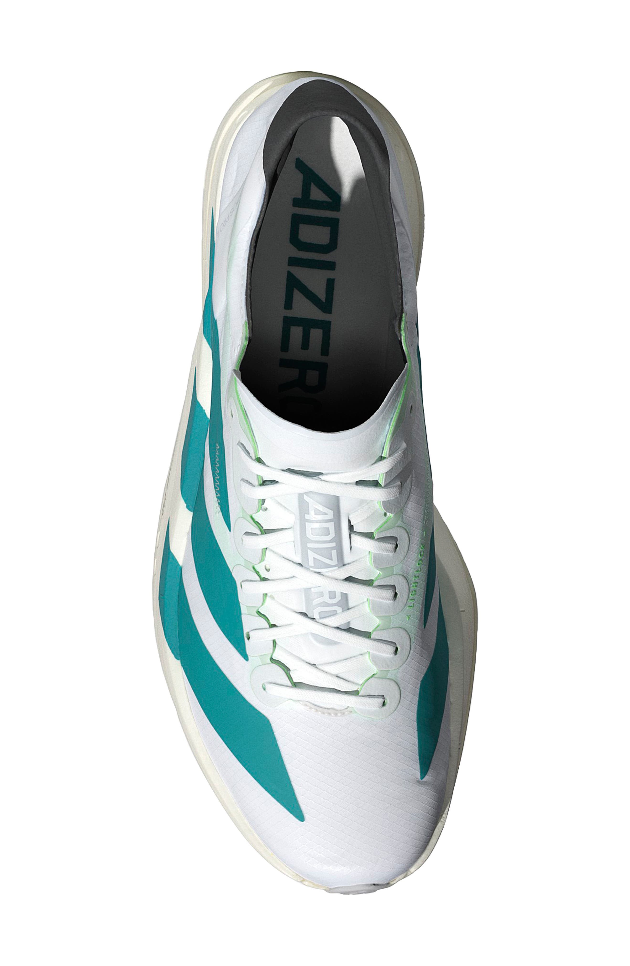 adidas Gender Inclusive Adios 9 Pro 4 Running Sneaker, Alternate, color, White/ Pure Teal/ Carbon