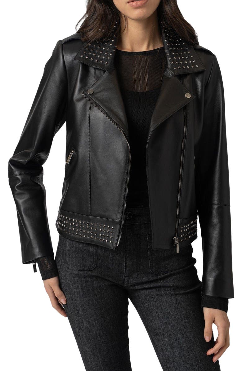 Saint + Sofia Bonham Studded Biker Jacket, Alternate, color, Black