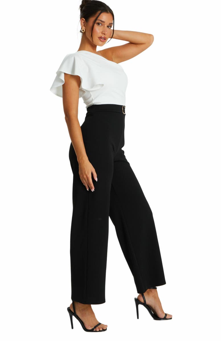 QUIZ Black & White Scuba Crepe One Shoulder Jumpsuit, Alternate, color, 