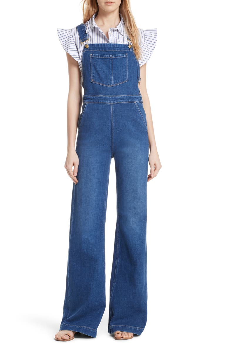 Palazzo Wide Leg Denim Overalls, Main, color, LONGWATER