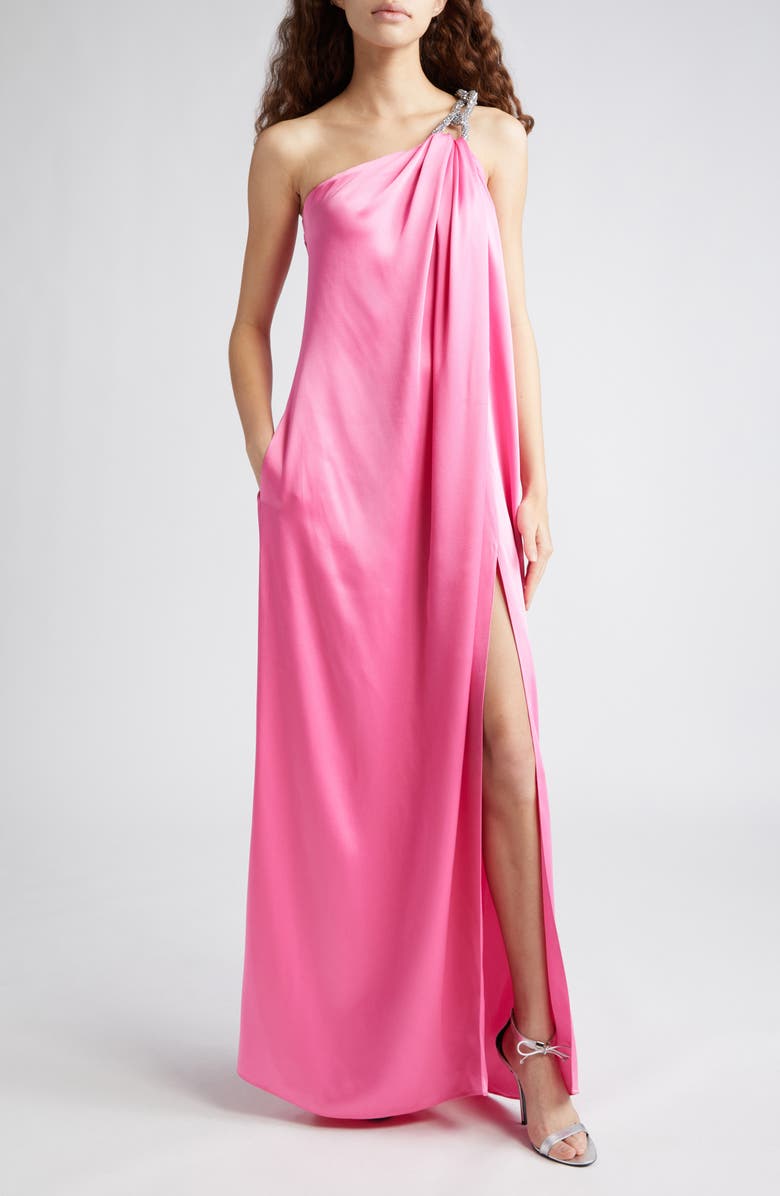 Stella McCartney Falabella Crystal Chain Strap One-Shoulder Satin Gown, Main, color, 5560 - Bright Pink