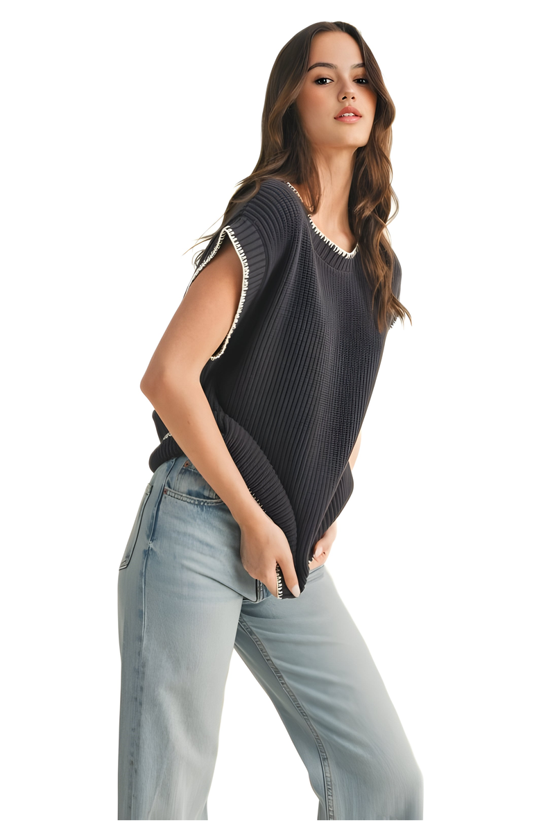Knit and Lounge Ribbed Cap Sleeve Top with Contrast Whipstitch Trim, Alternate, color, 